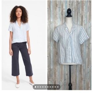 Everlane Light Blue Striped Notch Shirt Linen Button Down Shirt White Size 6